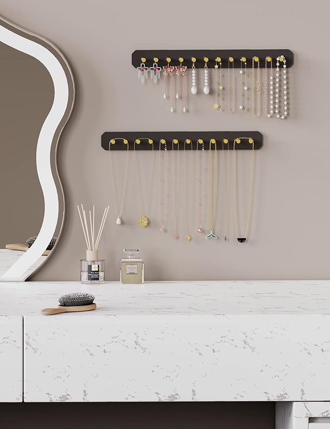NiHome Wall Mounted Acrylic Jewelry Organizer 2-Pack, Durable Sleek Rack Strong Carbon Steel Hooks for Dressing Table, Bathroom, Kitchen, Hassle-Free Installation Multiple Mounting Options (Black)