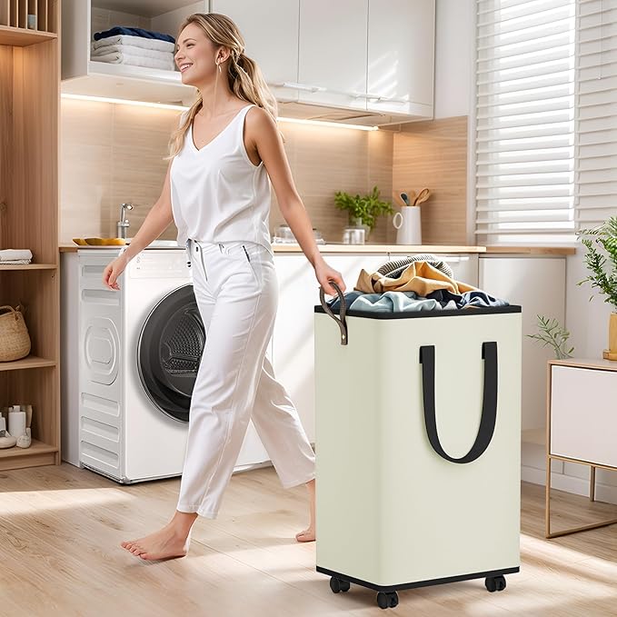 SpaceTrove Laundry Basket with Wheels, Collapsible Laundry Baskets, Laundry Hamper with Handles Detachable Wheels, Rolling Laundry Basket, Dirty Clothes Hamper for Bathroom, Dorm, Bedroom, Cream, 100L