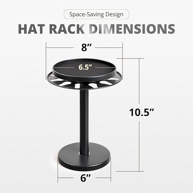 kondyfayo 360° Rotating Hat Organizer for Baseball Caps, Stainless Steel Hat Rack Holder with Top Storage Tray for Small Essentials, Ball Cap Storage Organizer for Closet, Entryway, Display (M-Black)