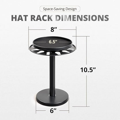 kondyfayo 360° Rotating Hat Organizer for Baseball Caps, Stainless Steel Hat Rack Holder with Top Storage Tray for Small Essentials, Ball Cap Storage Organizer for Closet, Entryway, Display (M-Black)