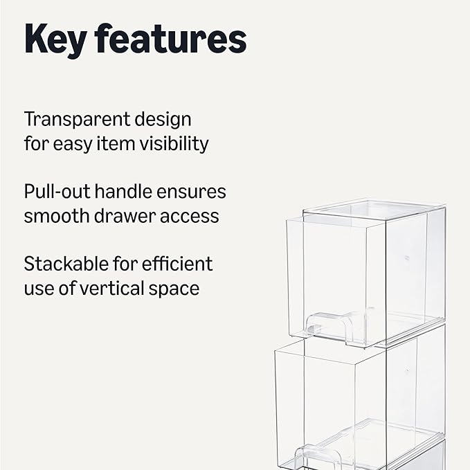 Amazon Basics Stackable Plastic Storage Makeup Organizer Drawers, Clear, 6.0" x 7.4" x 7.7", 4 Pack