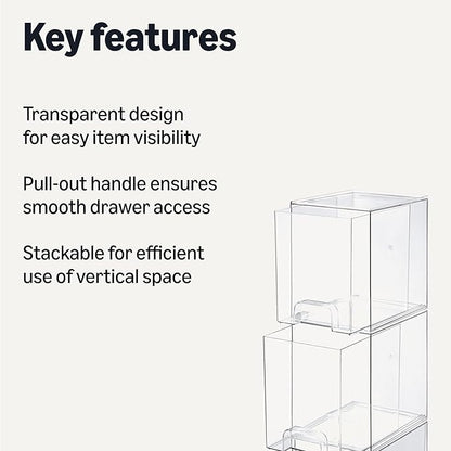 Amazon Basics Stackable Plastic Storage Makeup Organizer Drawers, Clear, 6.0" x 7.4" x 7.7", 4 Pack