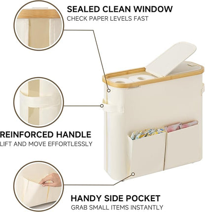 StorageWorks Toilet Paper Storage Baskets with Dual Flip Lids, Toilet Paper Organizer for Bathroom, Toilet Paper Container with Side Pocket, Holds 9 Mega or 12 Regular Rolls, Medium, Beige
