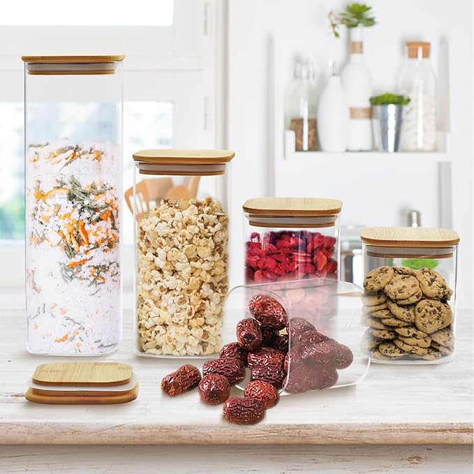 5 Pack Glass Food Storage Jars, Clear Glass Canister Food Jar with Bamboo Wooden Lid Food Storage Container for Sugar, Pasta, Snack, Coffee Beans, Cookies, Nuts, Coffee Beans
