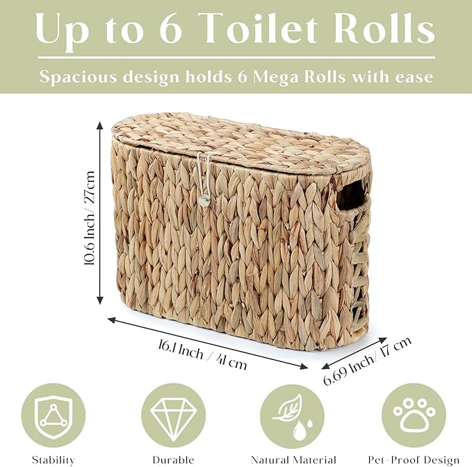 YANGQIHOME Toilet Paper Storage, Water Hyacinth Toilet Paper Storage with Lid, Papers Container for up to 6 Mega Rolls, Bathroom Basket Organizer