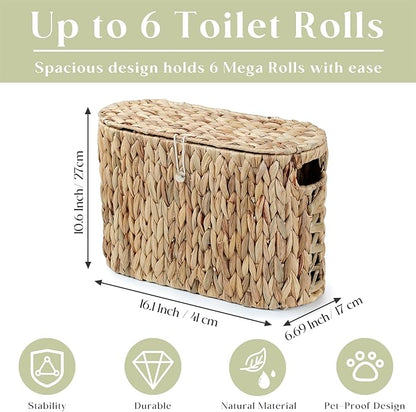 YANGQIHOME Toilet Paper Storage, Water Hyacinth Toilet Paper Storage with Lid, Papers Container for up to 6 Mega Rolls, Bathroom Basket Organizer