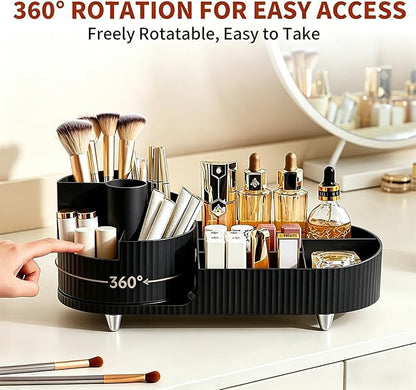 Makeup Organizer with 360° Rotating Brush Holder Cosmetic Storage for Cosmetics, Skincare, Perfume, Bathroom Vanity Desktop Organizer, Lotions Display Case (Black)