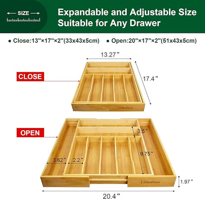 Expandable Drawer Organizer for Silverware Flatware Knives, Kitchen Utensil Organizer, Utensil Holder, Bamboo Wood Cutlery Tray in Drawer for Spoons Forks