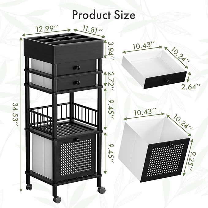 Amazer Bamboo Makeup Organizer Cart with 3 Drawers, Floor Skin Care Storage for Bathroom Bedroom, Rolling Vanity Organizer Cart for Cosmetic, Nail Polish, Perfume and Hair Tools, Black