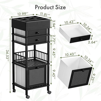 Amazer Bamboo Makeup Organizer Cart with 3 Drawers, Floor Skin Care Storage for Bathroom Bedroom, Rolling Vanity Organizer Cart for Cosmetic, Nail Polish, Perfume and Hair Tools, Black