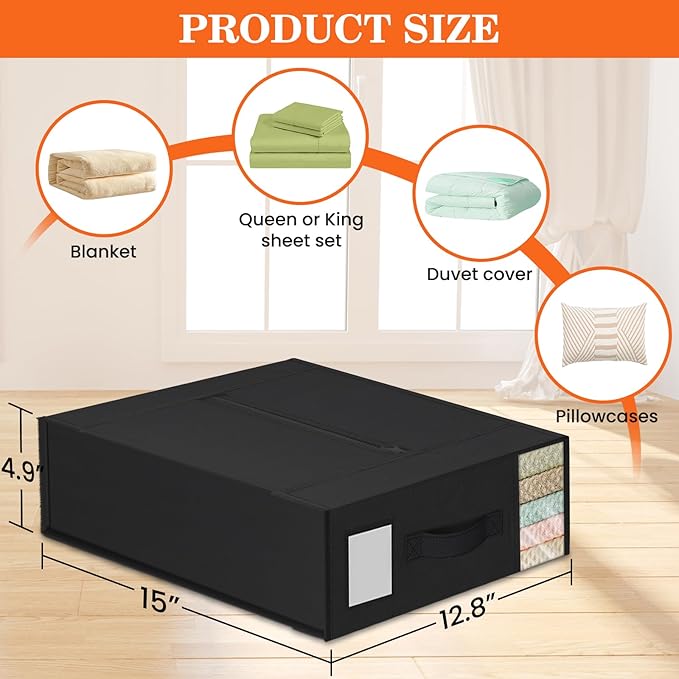 WOWBOX Sheet Organizers and Storage,Closet Bed Sheet Organizer Under Bed Storage and Organization with Label Cards & Clear Window for Bedding Sheets,Duvet Covers,Blankets (8 Pack，Black)
