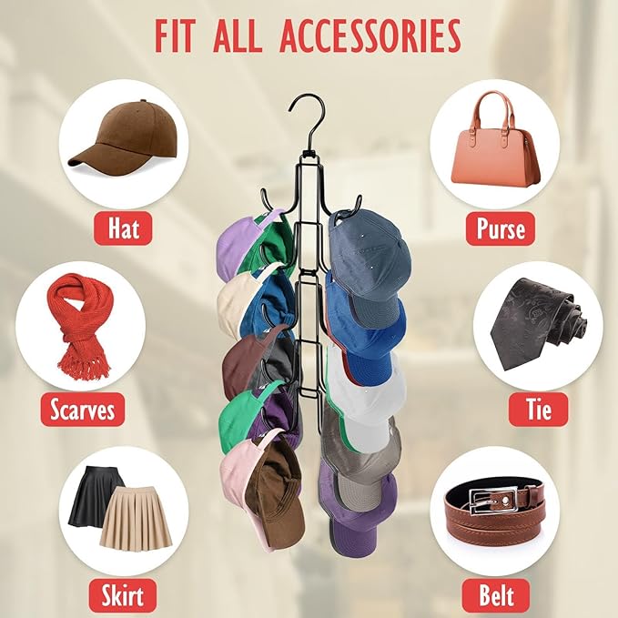 Hat Organizer for Closet, Collapsible Caps Rack with 10 Rotatable Large Hooks, Holds Up to 40 Baseball Caps, Metal Space Saving Hat Hanger for Display, Storage and Closet Organizers, Black
