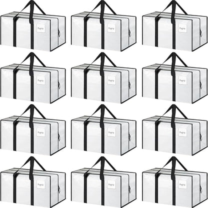 12 Pack Extra Heavy Duty Large Moving Bags with Strong Zipper & Comfortable Handles, Sturdy & Durable Clothes Storage Bags Totes Bins, Packing Moving Boxes for College Supplies, White