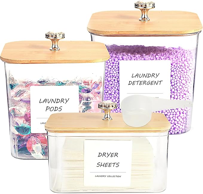 3 Pack Laundry Room Organization Storage Containers, Plastic Clear Laundry Pods Container & Dryer Sheet Holder Jars with Lids, Scoops & Labels for Detergent, Powder, Dryer Balls, Beads