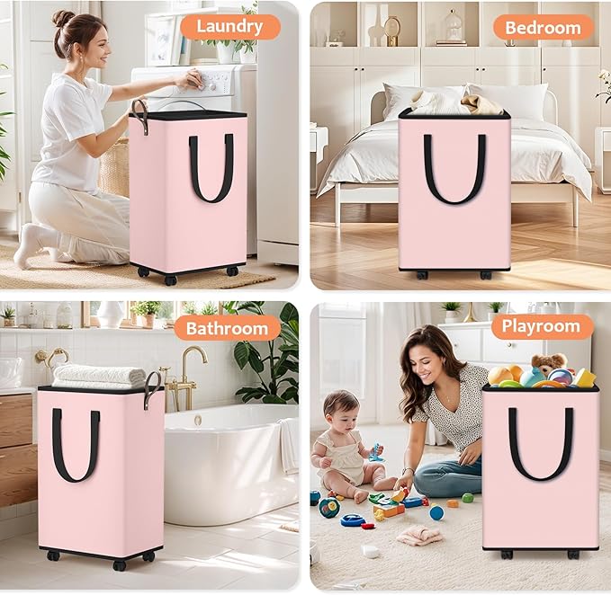 SpaceTrove Laundry Basket with Wheels, Collapsible Laundry Baskets, Laundry Hamper with Handles Detachable Wheels, Rolling Laundry Basket, Dirty Clothes Hamper for Bathroom, Dorm, Bedroom, Pink, 80L