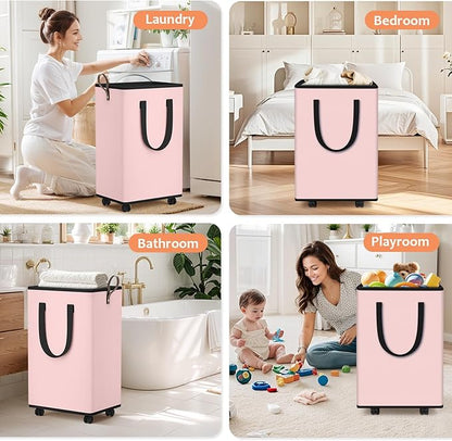 SpaceTrove Laundry Basket with Wheels, Collapsible Laundry Baskets, Laundry Hamper with Handles Detachable Wheels, Rolling Laundry Basket, Dirty Clothes Hamper for Bathroom, Dorm, Bedroom, Pink, 80L