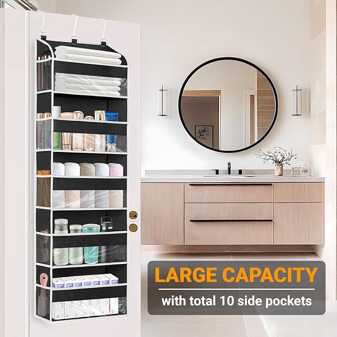 Over The Door Organizer-5 Layers Large Pockets, Heavy Duty Door Organizer Hanging Storage, 10 Mesh Side Pockets & Clear Window for Bedroom, Bathroom,Kitchen,Nursery, Pantry,Dorm Holds Shoes(Black)
