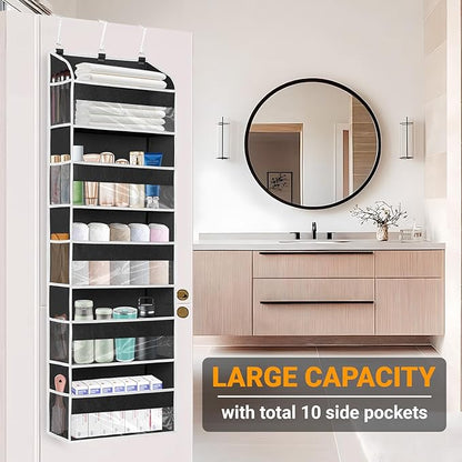 Over The Door Organizer-5 Layers Large Pockets, Heavy Duty Door Organizer Hanging Storage, 10 Mesh Side Pockets & Clear Window for Bedroom, Bathroom,Kitchen,Nursery, Pantry,Dorm Holds Shoes(Black)