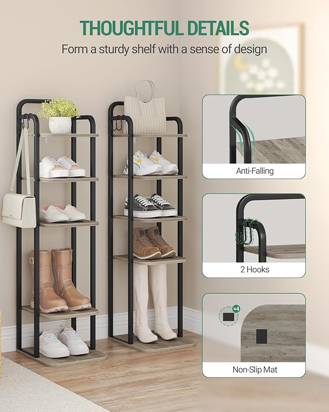 Hzuaneri 6 Tiers Vertical Shoe Rack, Narrow Shoe Tower, Tall Shoes Shelf with 2 Hooks, Adjustable Shelves, Corner Shoes Shelves for Small Spaces, Entryway, Living Room, Greige, SR04205B