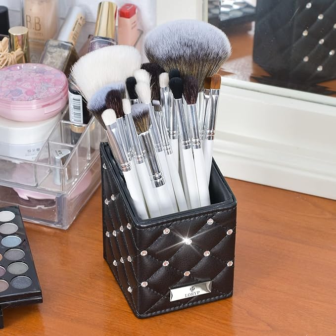 LORYP Makeup Brush Holder Crystal Brushes Cup Black PU Make up Brush Case Bag Storage for Women (Black-Large)