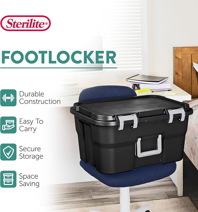 Sterilite 4 Pack Footlocker, 14 Gallon Plastic Storage Container with Latching Lid and Built-In Handles, Black - Large Stackable Bin Home Organizer