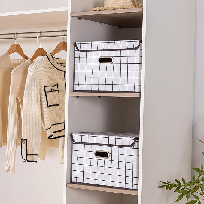 STOREONE Fabric Storage Cube Bins Foldable Organizer Container Collapsible Basket with Lids and Metal Handles, for Home, Bedroom, Closet 3 Pcs (White grid)