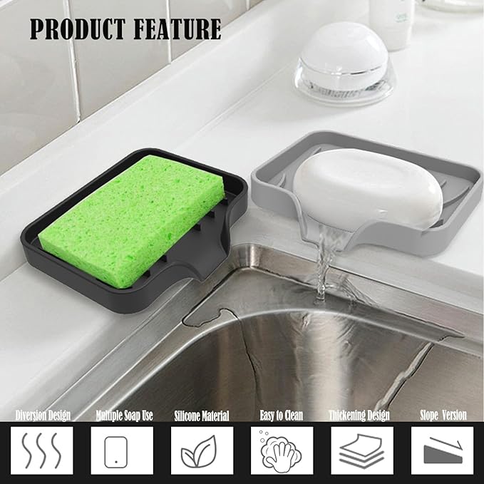 Silicone Soap Dish 2-Pack Black & Gray- Fast-Draining Bathroom Sink Organizer, Non-Slip Shower Soap Tray with Drainage, Durable Silicone Holder for Kitchen & Bathroom (4.72x3.94x0.67 in)