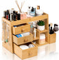 Elsjoy Large Countertop Bamboo Makeup Organizer with 3 Drawers, 12-Grid Lipstick Holder, Jewelry Hanging Hooks, Makeup Brush Holder, Desktop Wood Cosmetic Organizer Stand for Vanity