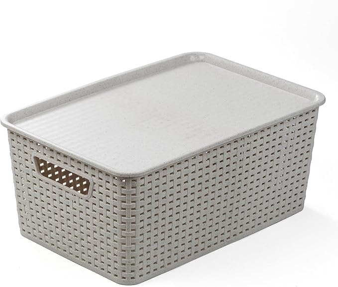 BINO | Plastic Storage Baskets with Lids, 15.5 Liter - 3 Pack, Natural Grey | THE WOVEN COLLECTION | Storage Basket for Shelves | Woven Storage Baskets for Organizing Bins | Pantry Shelf Organizer Bin
