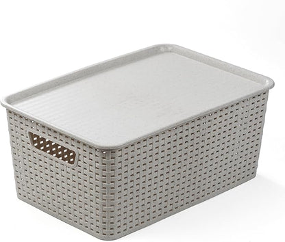 BINO | Plastic Storage Baskets with Lids, 15.5 Liter - 3 Pack, Natural Grey | THE WOVEN COLLECTION | Storage Basket for Shelves | Woven Storage Baskets for Organizing Bins | Pantry Shelf Organizer Bin