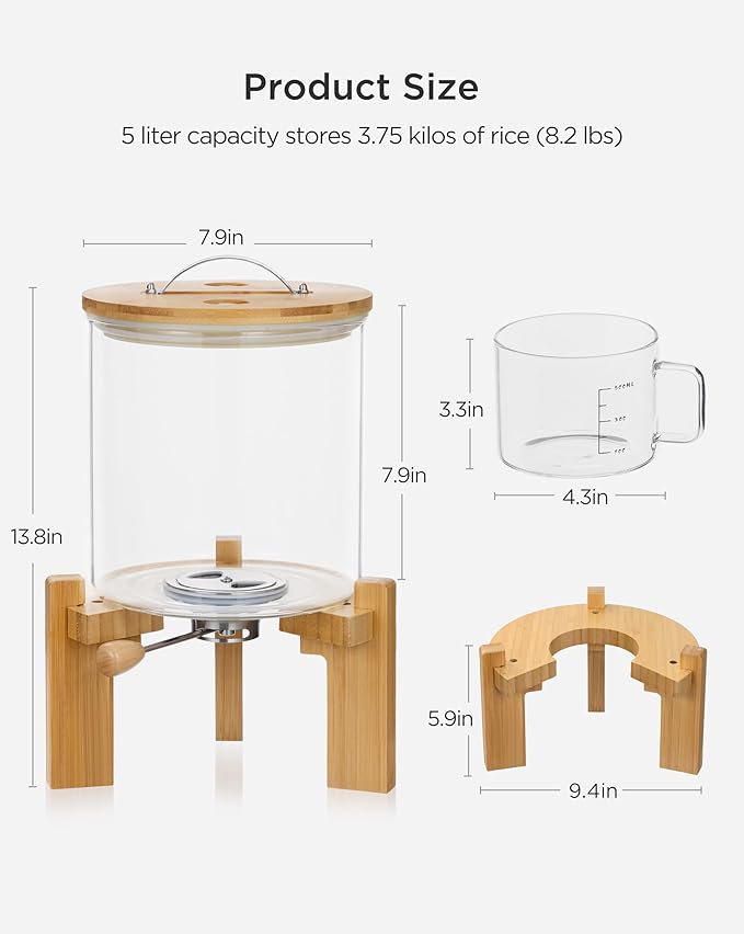HBlife 8-10 Lbs Glass Rice Dispenser with Wooden Stand Flour and Cereal Container with Glass Measuring Cup Pantry Food Organization Storage Bin with Airtight Bamboo Lid, 5L