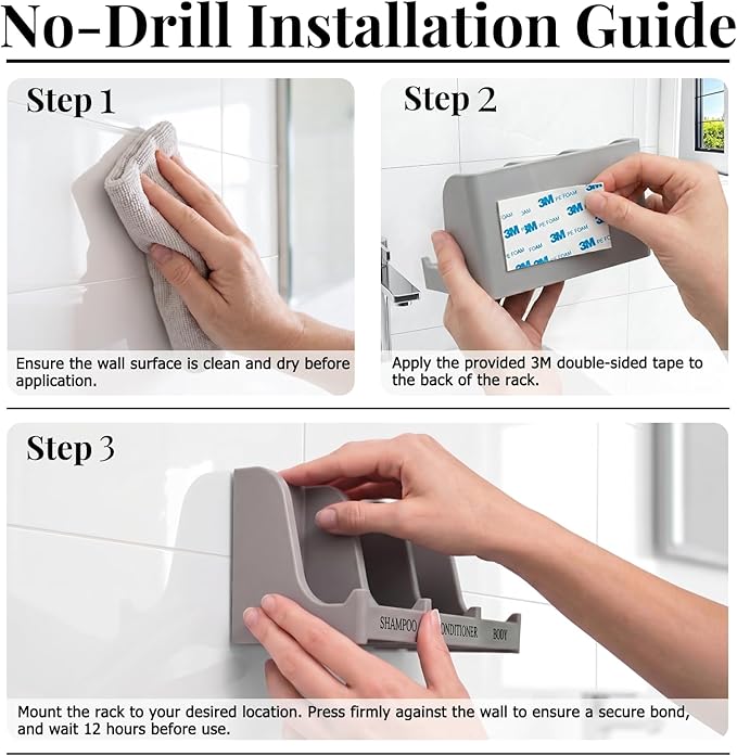 Soap Holder for Shower Wall, 3-Compartment Soap Dish for Shampoo, Conditioner and Body Soap, Fast Draining & Rust-Proof & Heavy Duty, Ultra-Strong Self Adhesive & Freestanding (Grey, Label)