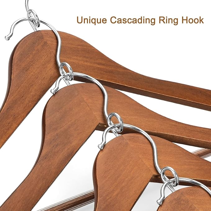 TOPIA HANGER Wooden Hangers 30 Pack, Space Saving Coat Hanger with 360° Swivel Cascading Loop Hook, Non Slip Pants Bar and Shoulder Notches for Camisole, Jacket, Suit (Walnut) -CT74WA30