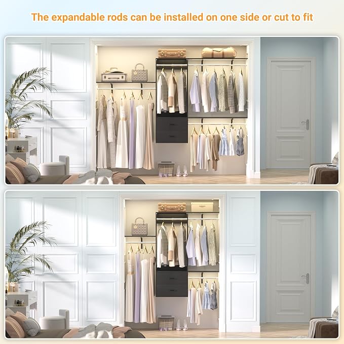 96 Hanging Closet System with 2 Wooden Drawers, 75"–87" Height Adjustable Closet Organizer System with Tower, 4-8FT Custom Closet Shelving System, Wall-Mounted Walk-In Closets Wardrobe, Black
