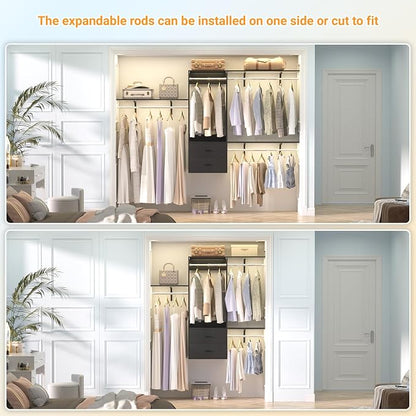 96 Hanging Closet System with 2 Wooden Drawers, 75"–87" Height Adjustable Closet Organizer System with Tower, 4-8FT Custom Closet Shelving System, Wall-Mounted Walk-In Closets Wardrobe, Black
