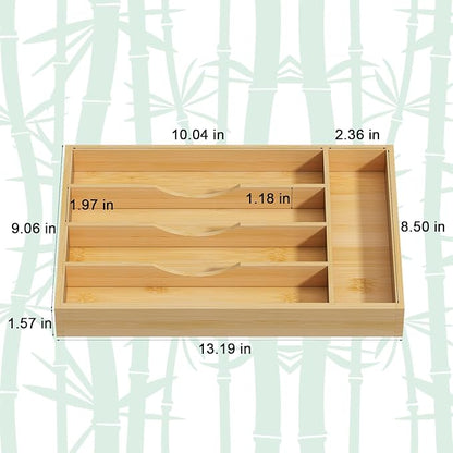 Youpehom Bamboo Utensil Organizer for Kitchen Drawers, Utensil Tray and Cutlery Silverware Holder,Wood Drawer Dividers with 5 Slots，2 pack