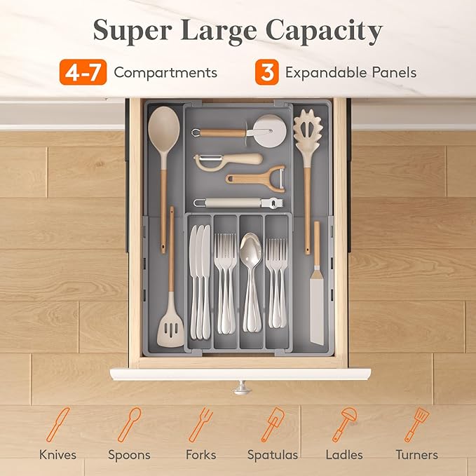 Lifewit Silverware Drawer Organizer, Expandable Utensil Tray for Kitchen, BPA Free Flatware and Cutlery Holder, Adjustable Plastic Storage for Spoons Forks Knives, 4-7 Slots, Gray