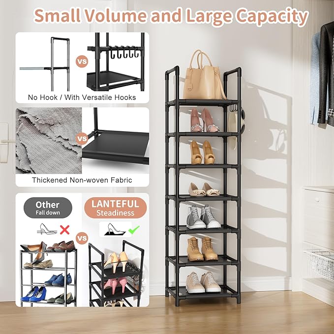 LANTEFUL Tall Shoe Rack 7 Tier Narrow Shoe Shelf Storage for 7-14 Pairs Shoe and Boot, Sturdy Shoe Storage Space Saving Corner Shoe Rack Organizer for Closet, Entryway, Living Room, Black