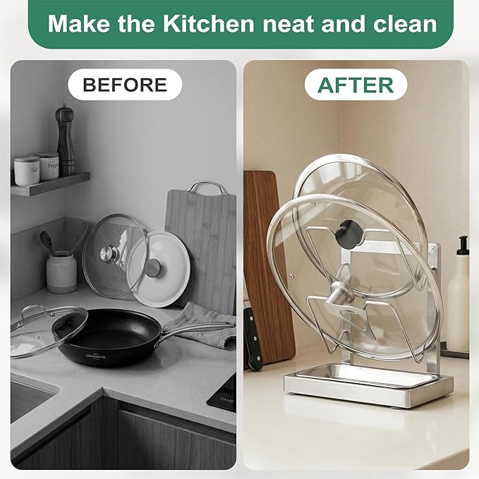 Pot lid holder within reach while cooking: 2-Layer Stainless Steel Pot Lid holder with removable drips collecting tray, Pot Lids Storage Rack, Pot Lids Organizer for various pot sizes and handles.