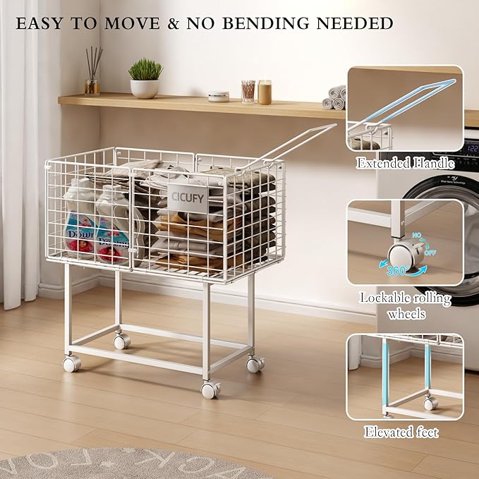 CICUFY Rolling Laundry Cart, 80L Wire Laundry Hamper Basket on Wheels, Dirty Clothes Basket with Handle, Metal Clothes Hamper Organizer for Laundry Room, Bathroom, Bedroom, Dorm, White