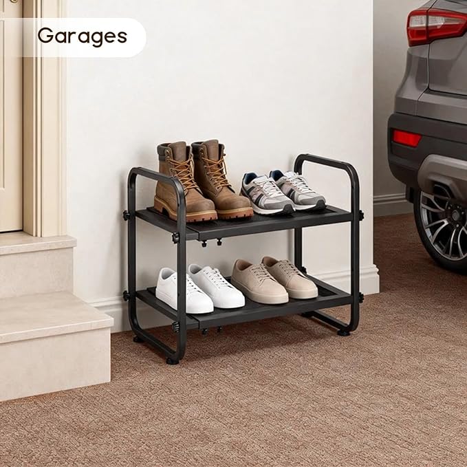 Expandable Shoe Rack for Closet - Shoe Organizer for Entryway, Adjustable Metal Shoe Storage, Stackable Long Shoe Stand Holder for Garage, Hallway, Door Entrance (Black, 2 Tier)