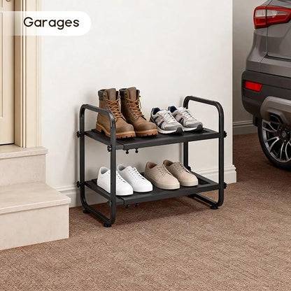Expandable Shoe Rack for Closet - Shoe Organizer for Entryway, Adjustable Metal Shoe Storage, Stackable Long Shoe Stand Holder for Garage, Hallway, Door Entrance (Black, 2 Tier)