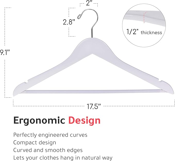 Quality Wooden Hangers - Slightly Curved Hanger 90 Pack Sets - Solid Wood Coat Hangers with Stylish Chrome Hooks - Heavy-Duty Clothes, Jacket, Shirt, Pants, Suit Hangers (White, 90)