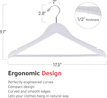 Quality Wooden Hangers - Slightly Curved Hanger 90 Pack Sets - Solid Wood Coat Hangers with Stylish Chrome Hooks - Heavy-Duty Clothes, Jacket, Shirt, Pants, Suit Hangers (White, 90)