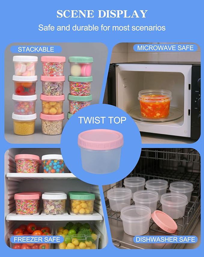 Food Storage Containers, 12 Pack 4 oz Freezer Storage Containers with Twist Top Lids, Leakproof, BPA Free, Microwave & Dishwasher Safe Takeout Container - Ideal for Soup and More