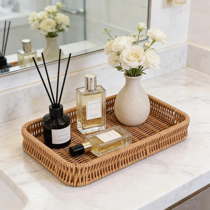 Toilet Tank Tray Storage Basket, Metal Woven Bathroom Basket Decorative Tray for Toilet Paper Storage, Wicker Vanity Organizer Bin with Non-Slip Feet for Bathroom Counter or Back of Toilet-Brown