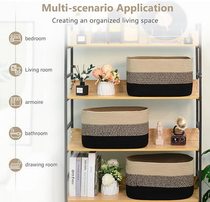ECDYQXVU Cotton Rope Storage Basket, 15x10x9 Inches, Woven Basket for Shelves, Clothes, Towels, Books, and Laundry, Gradient Black/Brown (1 Pack)