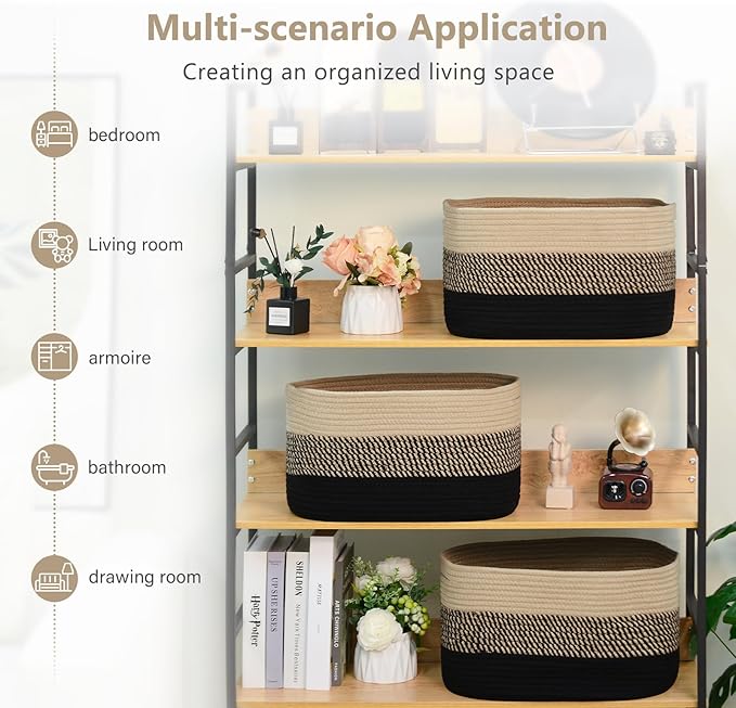 ECDYQXVU Cotton Rope Storage Basket, 15x10x9 Inches, Woven Basket for Shelves, Clothes, Towels, Books, and Laundry, Gradient Black/Brown (3 Pack)