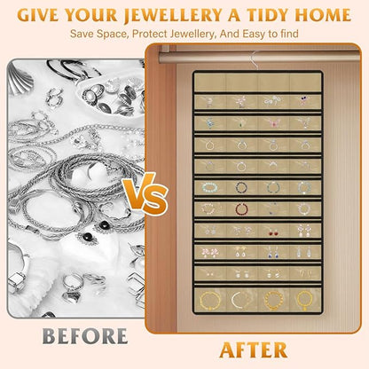 Hanging Jewelry Organizer 1 pack, Double-Sided,Multi-pocket-48 Pockets + 8 hook for Earrings/Necklaces/Rings/Bracelets, Sturdy Hooks fits Closet/Wall/Door, Gift for Women