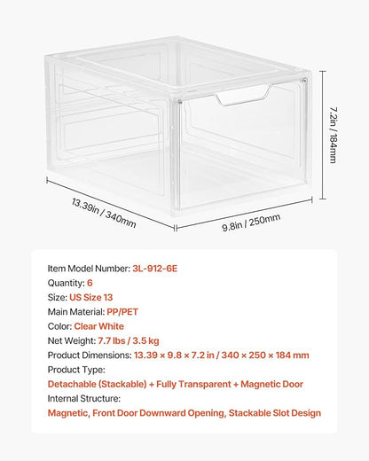 VEVOR Shoe Storage Boxes, 6 Pack Clear Stackable Shoe Boxes Storage Organizers with Magnetic Door, Fit up to US Size 13, Plastic Sneaker Containers for High Heels, Boots, and Hats, Transparent White